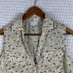 New York & Company Bird Print Sleeveless Blouse Tan Green Button Front S